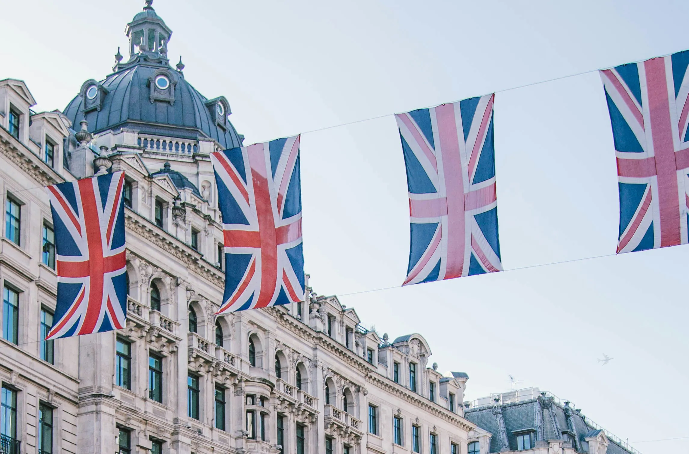 Set of Union Jack flags in London