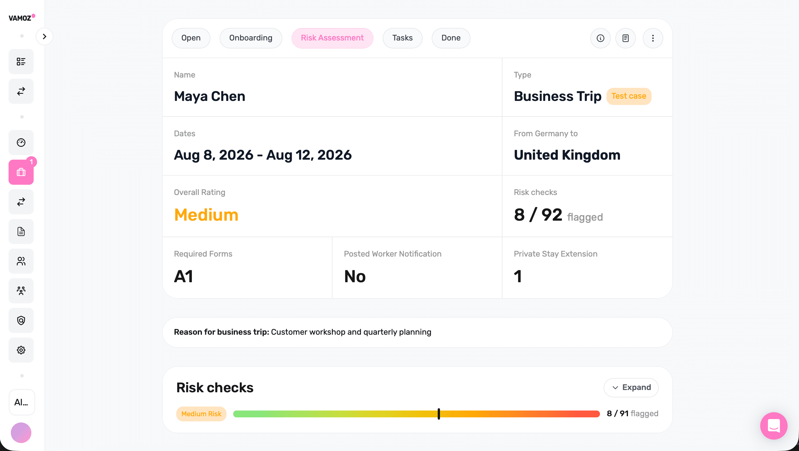 Preview of the Vamoz Business Trip Risk Assessment